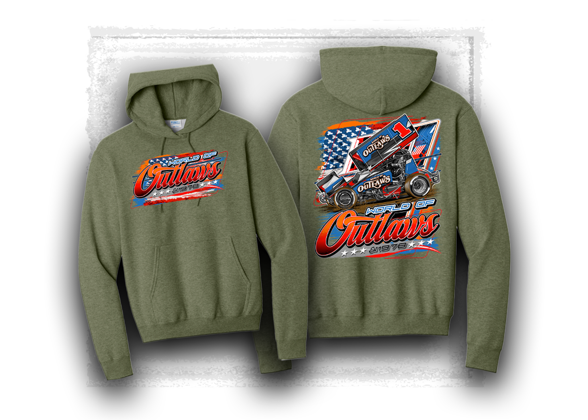 World of Outlaws- Sprint Car Series- Free and Fast- Hooded Sweatshirt- Heather Military