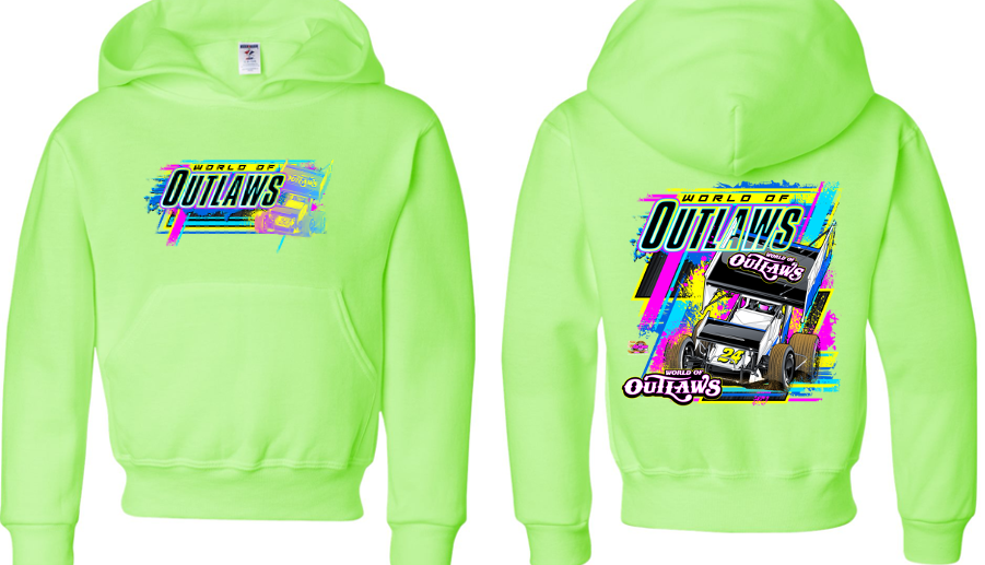 World of Outlaws Sprint Cars - Youth 90's Neon Hooded Sweatshirt - Neon Green