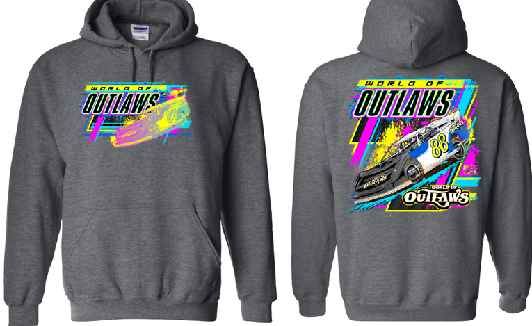 World of Outlaws Late Models - 90's Neon Hooded Sweatshirt - Dark Heather