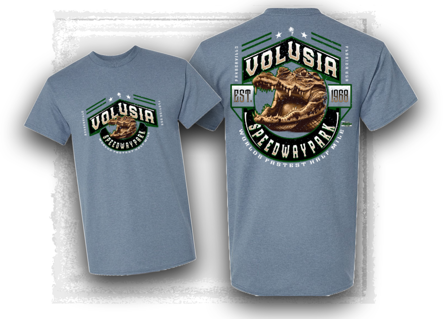 Volusia Speedway Park-Golden Gator T-Shirt- Heather Indigo