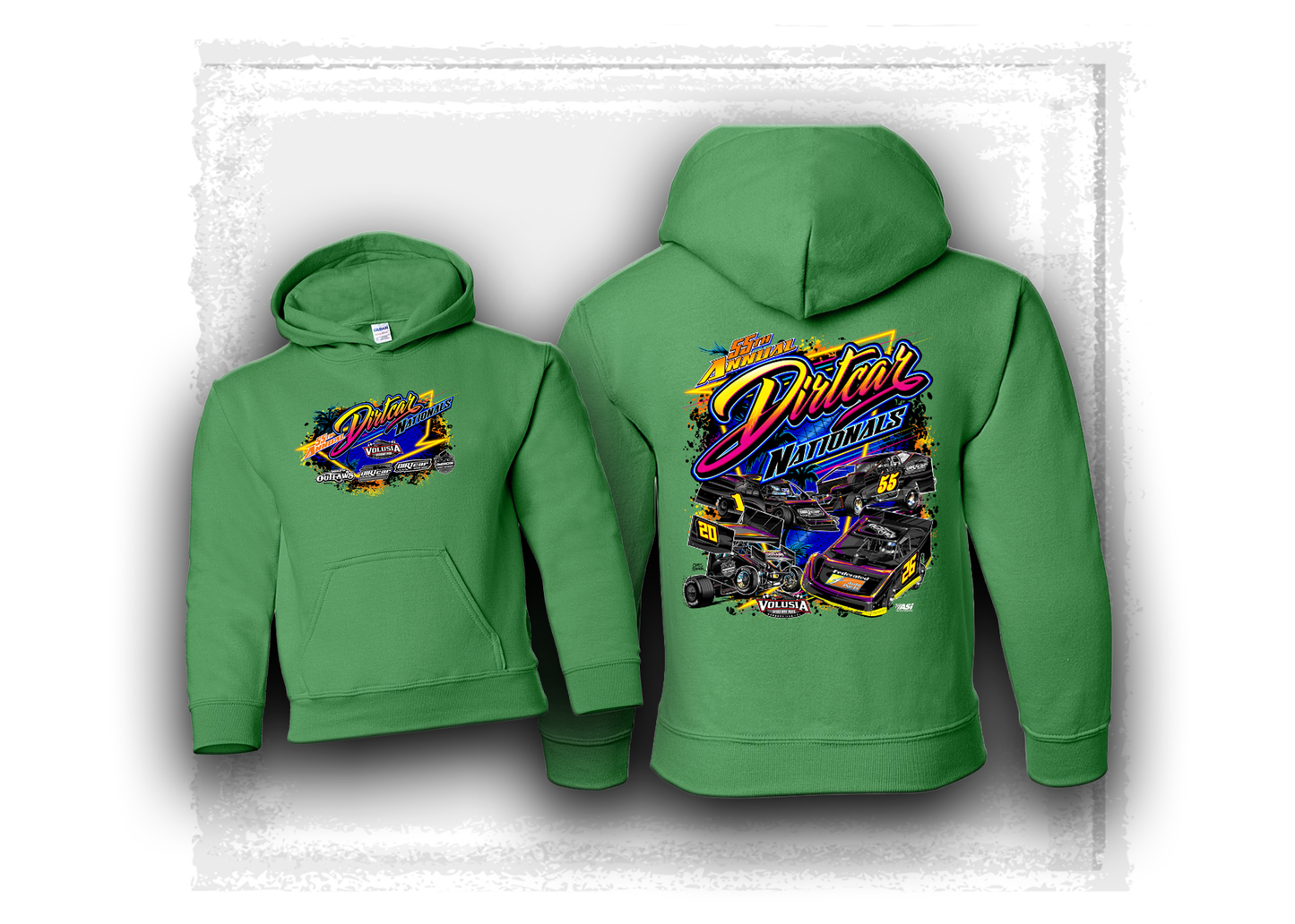 2026 DIRTcar Nationals- Neon Palm- Youth Hooded Sweatshirt- Irish Green