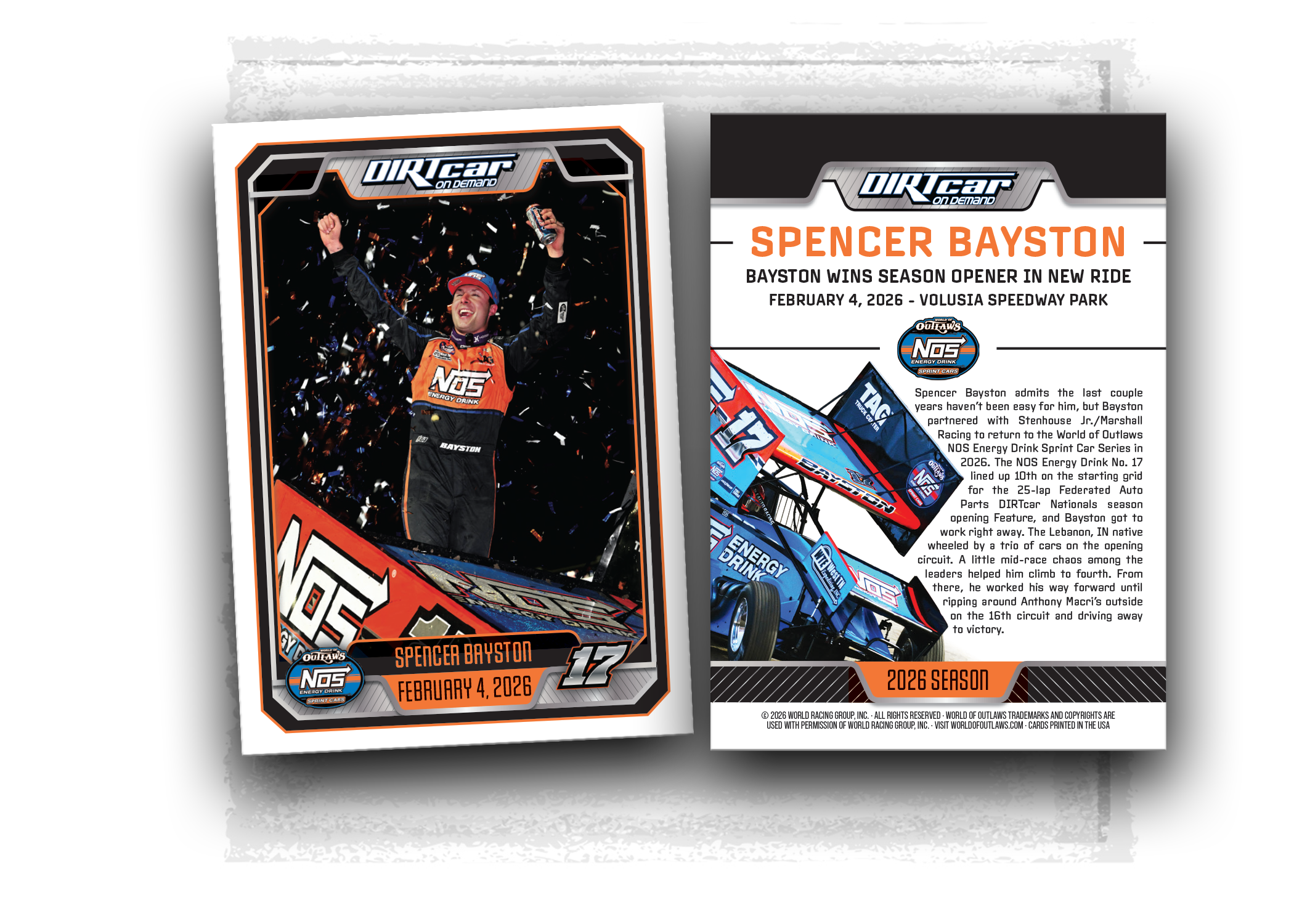 World of Outlaws NOS Energy Drink Sprint Car Series – Spencer Bayston Season Opener Win in a New Ride- Trading Card.