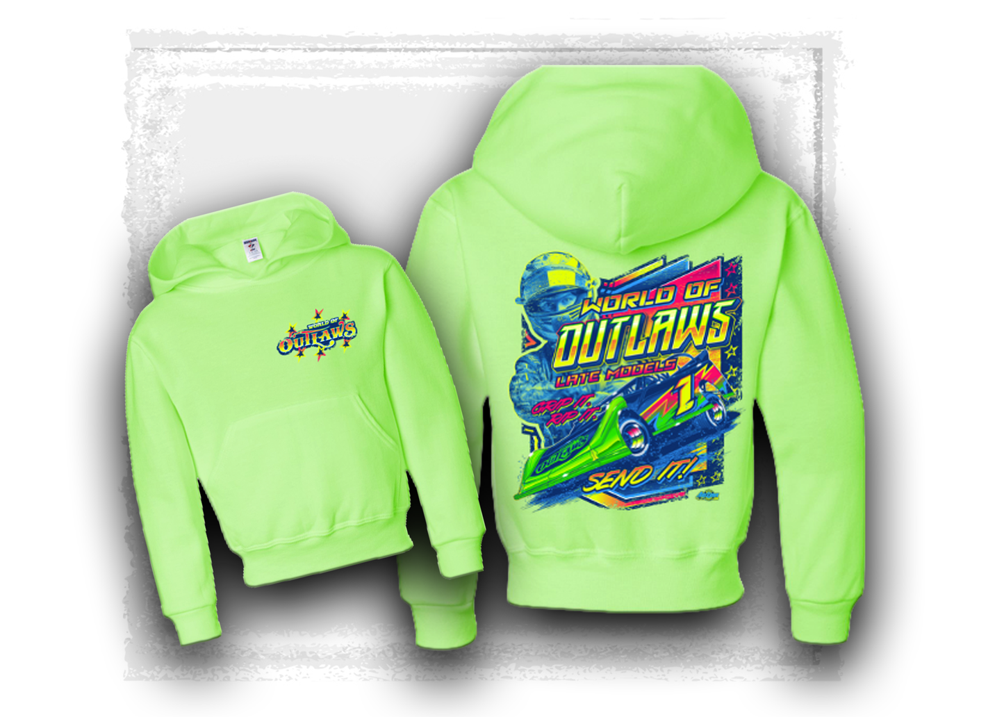 World of Outlaws- Late Model Series- Youth Send It Hooded Sweatshirt Neon Green