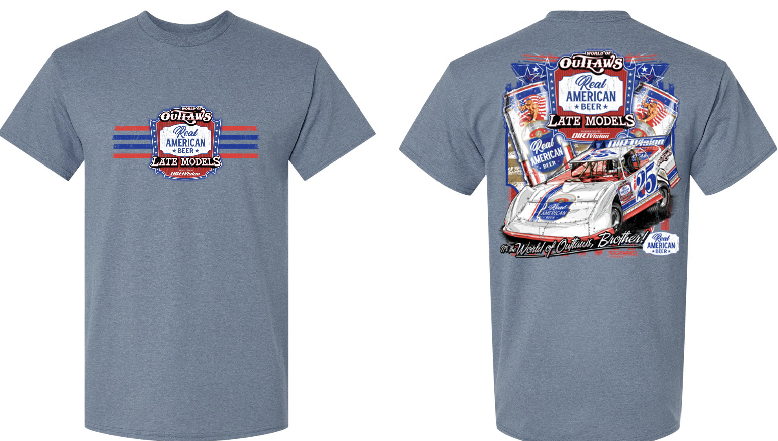 World of Outlaws Real American Beer Late Models- 2 Cans- T-Shirt