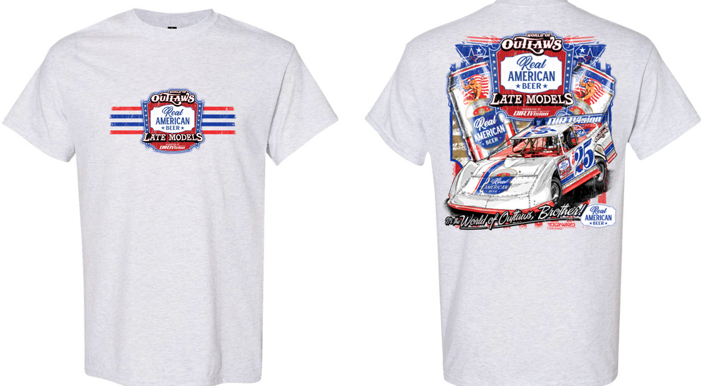 World of Outlaws Real American Beer Late Models- 2 Cans- T-Shirt