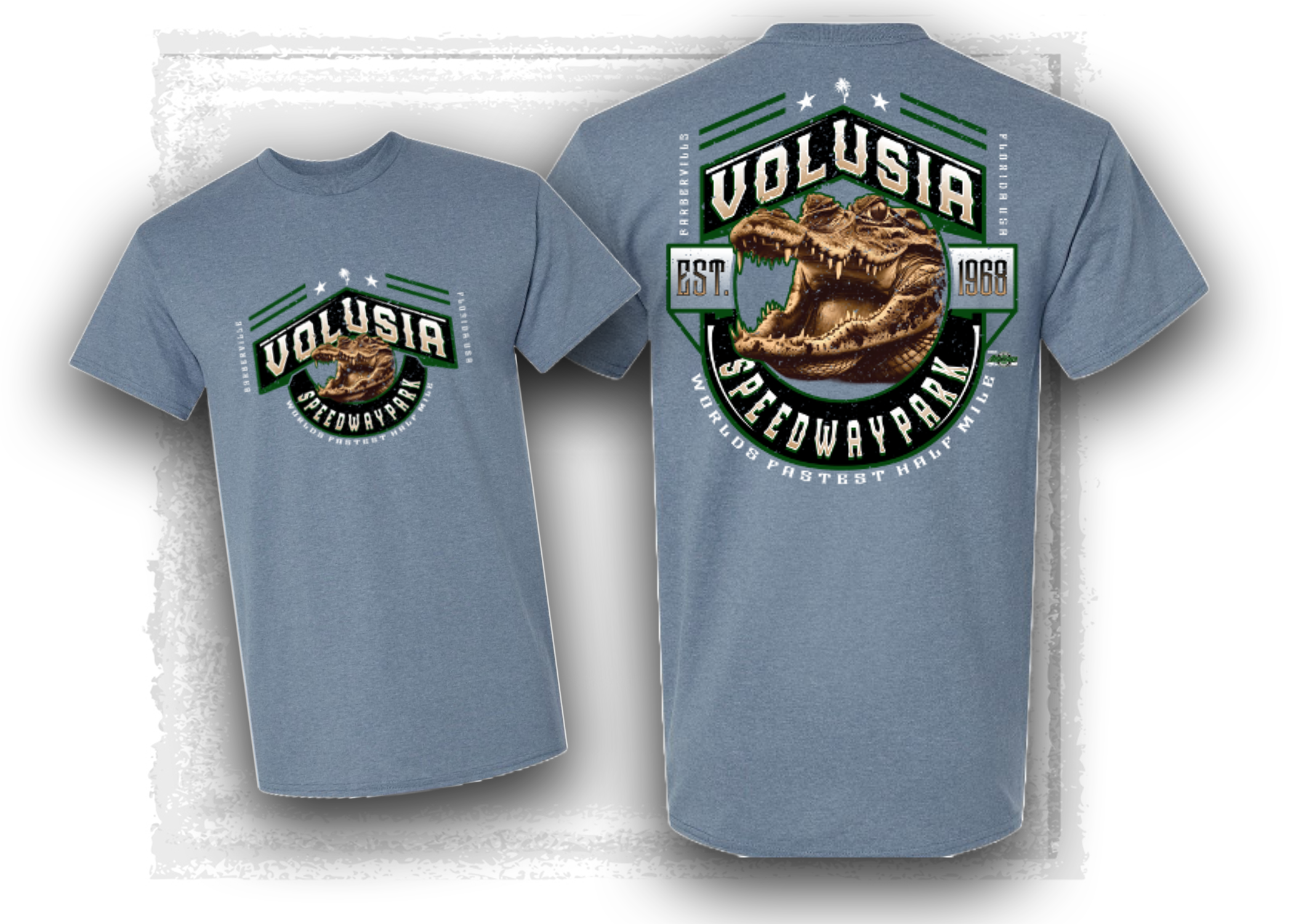 Volusia Speedway Park-Golden Gator T-Shirt- Heather Indigo